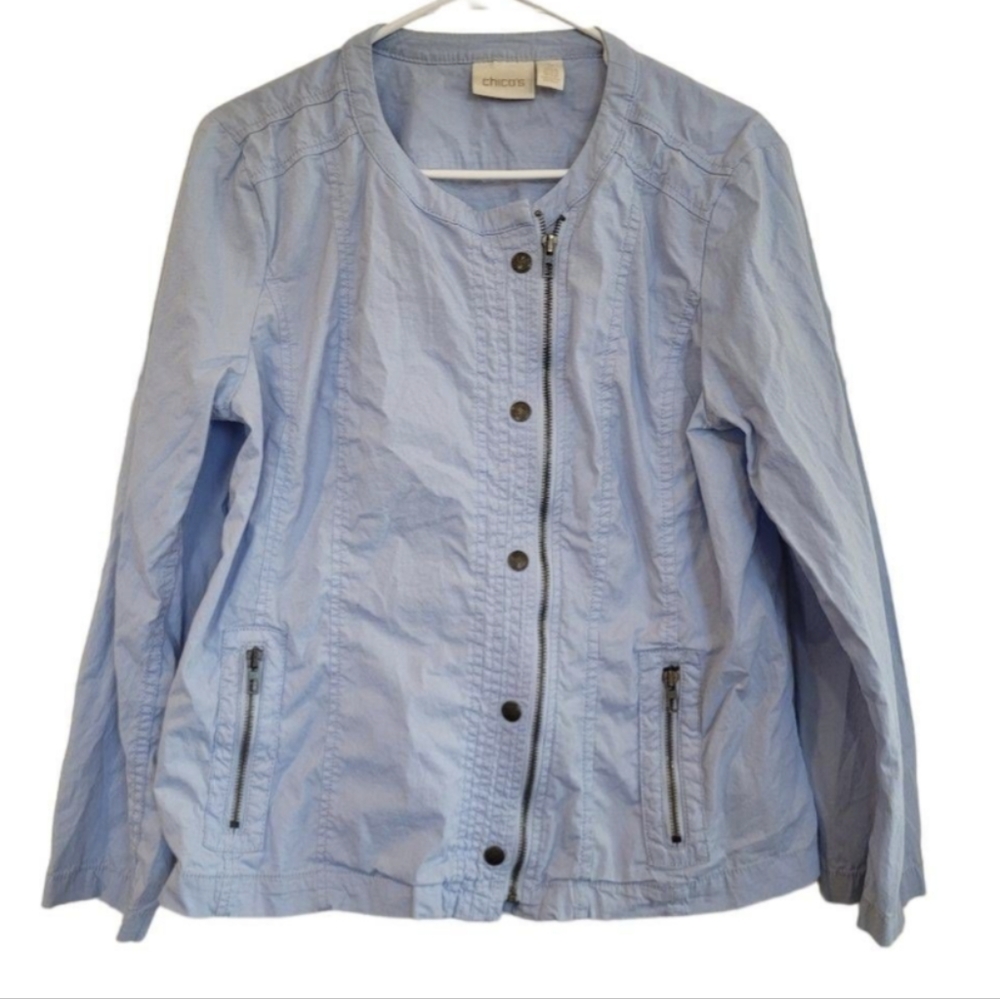 Chicos Light Blue Full Zip Long Sleeve Mock Collar Lightweight Spring Jacket L